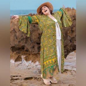 Zury Women's Paisley Kimono Robe - Green and Yellow